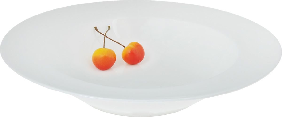 A 12-inch white deep plate made of fine porcelain, showcasing an elegant rolled rim design, perfect for serving soups and meals.