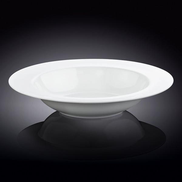 A 12-inch white deep plate made of fine porcelain, showcasing an elegant rolled rim design, perfect for serving soups and meals.
