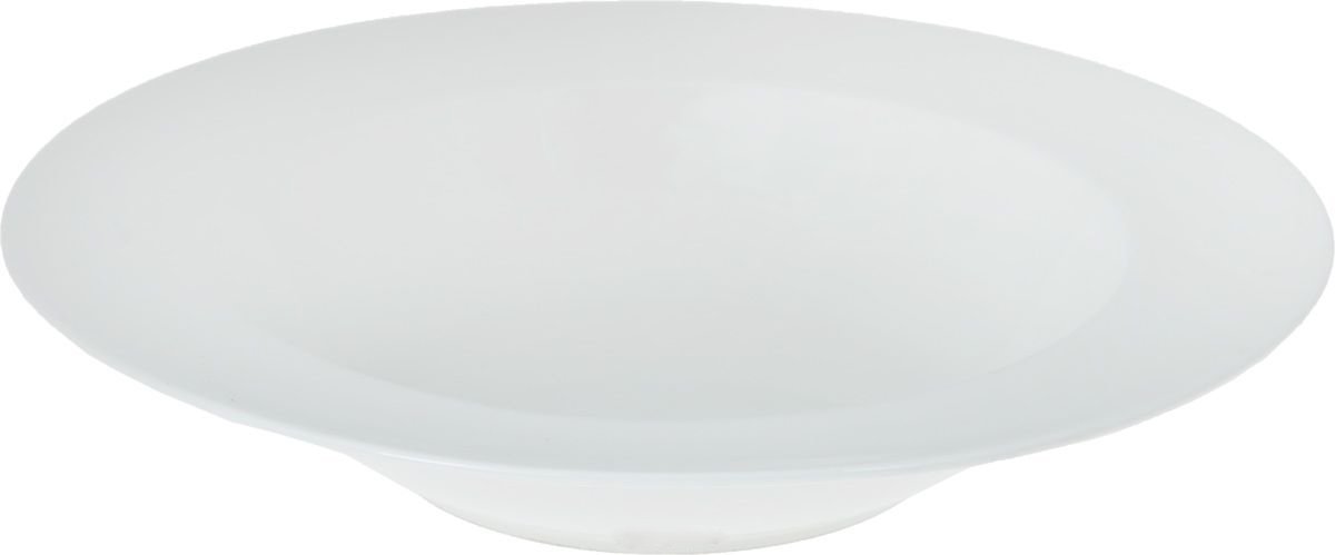 A 12-inch white deep plate made of fine porcelain, showcasing an elegant rolled rim design, perfect for serving soups and meals.