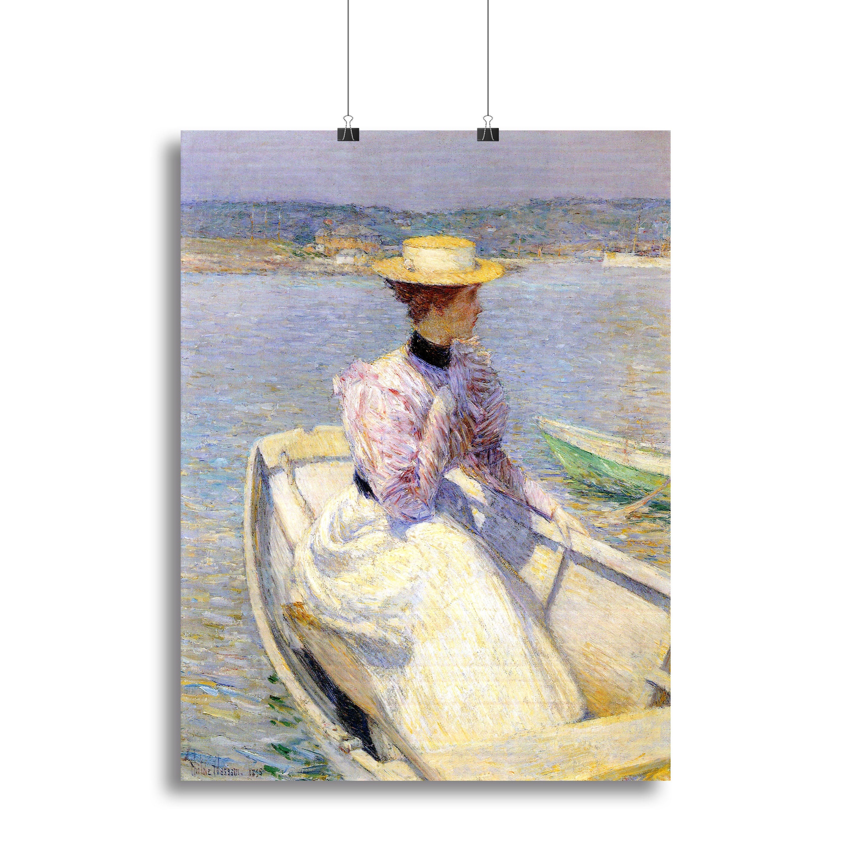 White Dory Gloucester canvas print featuring a serene coastal scene with a fishing boat, vibrant colors, and impressionistic style.