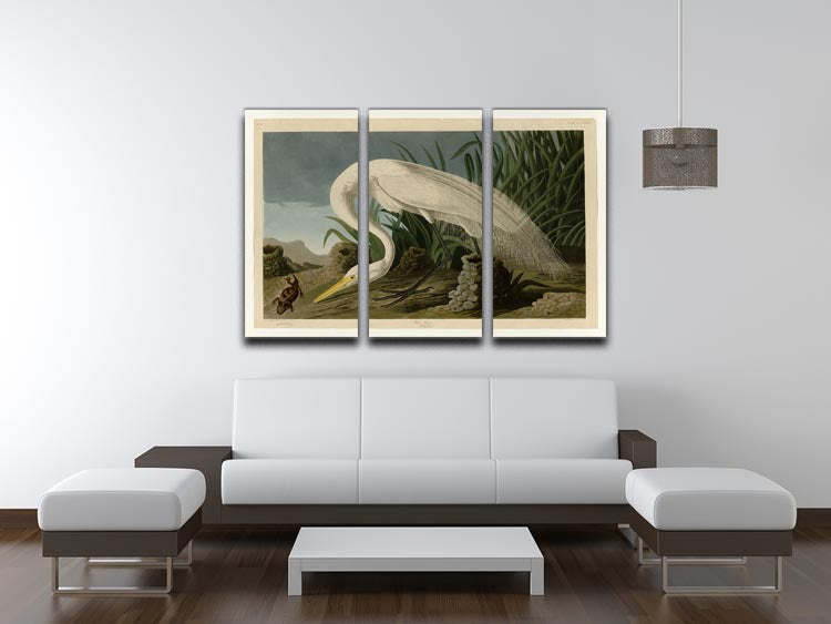 Three-panel canvas print featuring a beautiful White Heron in a serene natural setting, ideal for home decor.