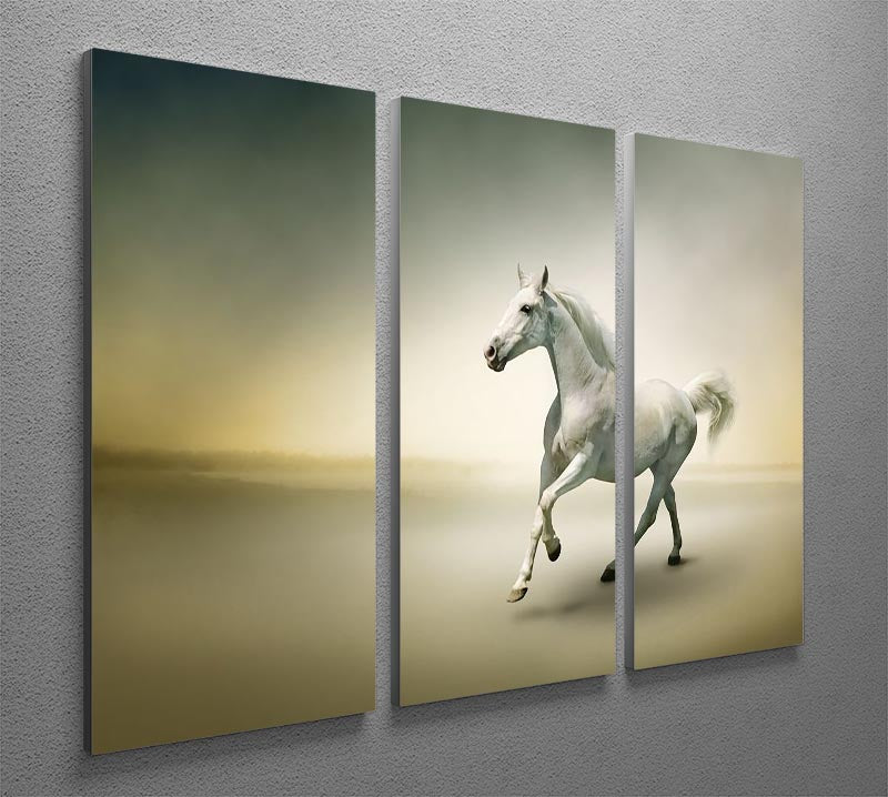 A stunning 3-panel canvas print featuring a white horse in motion, showcasing elegance and dynamic movement.