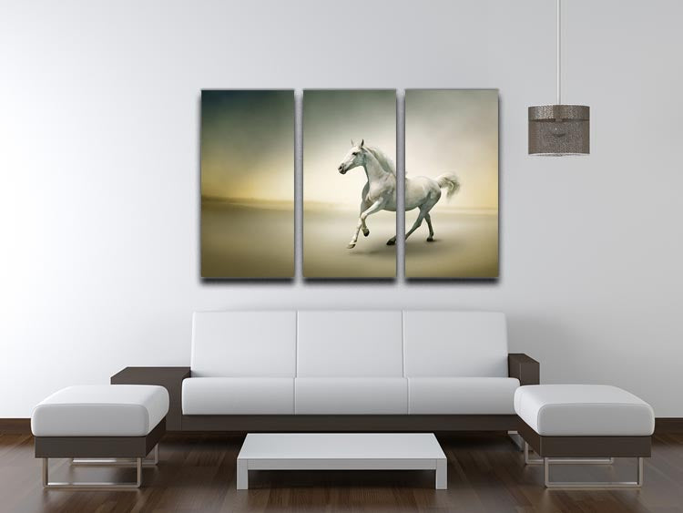 A stunning 3-panel canvas print featuring a white horse in motion, showcasing elegance and dynamic movement.