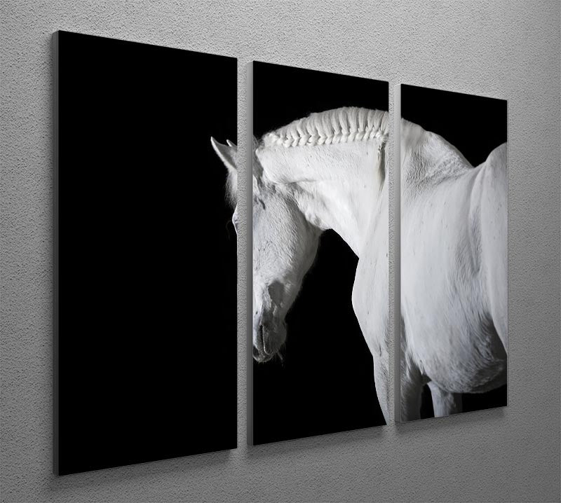 A stunning 3-panel canvas print featuring a majestic white horse on a black background, perfect for home decor.