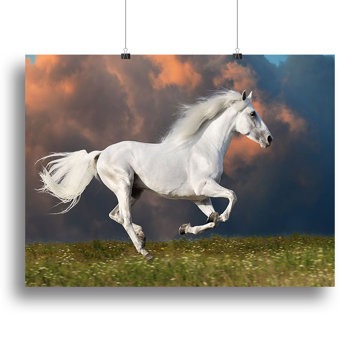 A stunning canvas print of a white horse galloping against a dark sky, showcasing elegance and motion.
