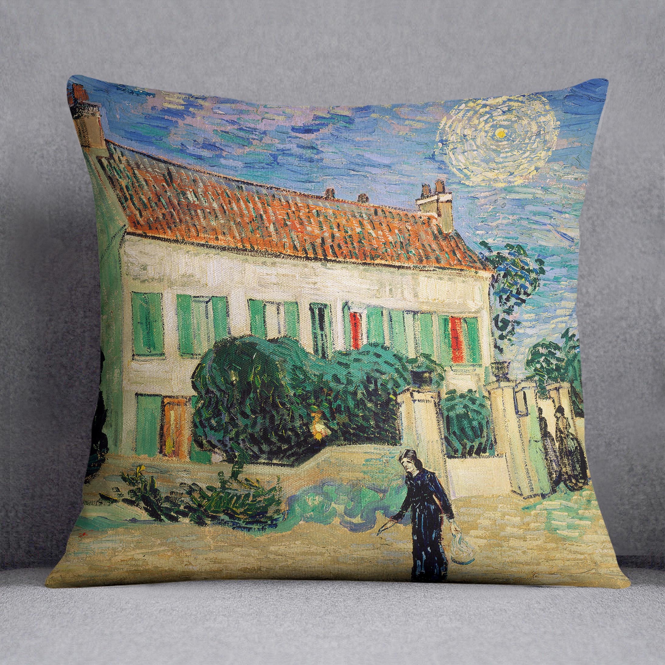 A vibrant White House at Night Cushion featuring abstract design on luxurious vegan faux suede, showcasing rich colors and intricate patterns.