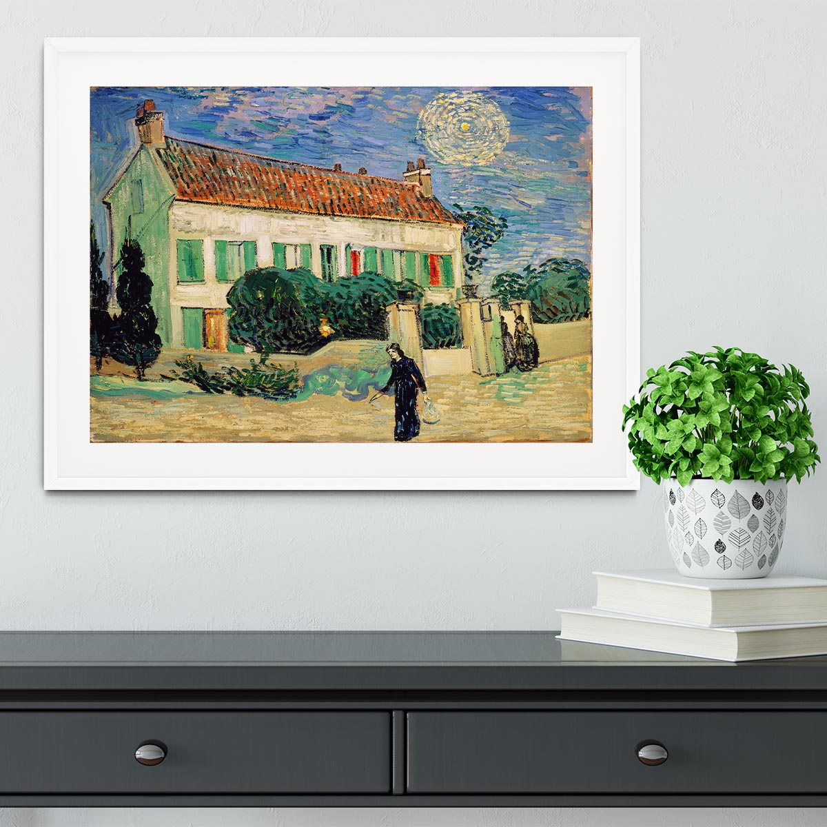 Framed print of the White House at night, showcasing vibrant colors and elegant framing options.