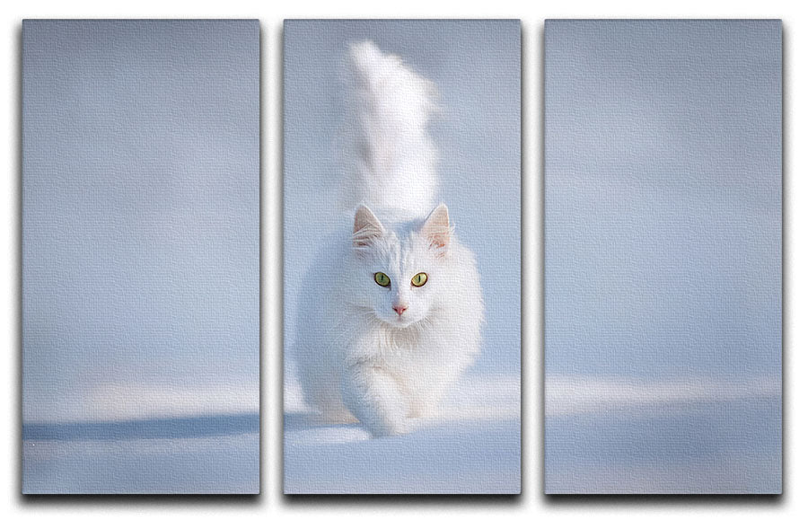 A charming white kitten running playfully in a snowy landscape, depicted in a stunning 3-panel canvas print.