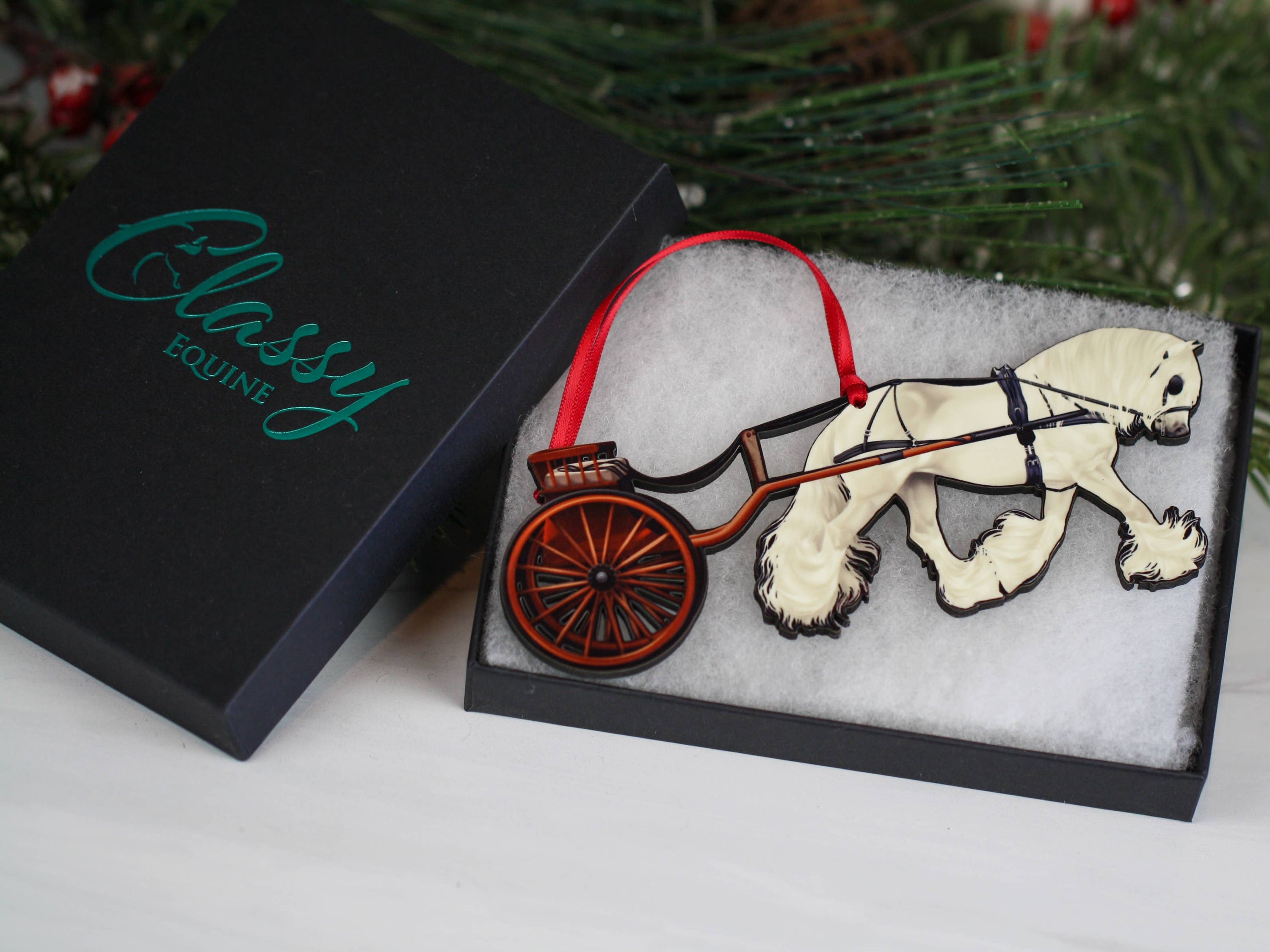 Handcrafted White Light Gray Gypsy Cob Carriage Ornament with cart, made from composite wood, featuring intricate laser-cut details.