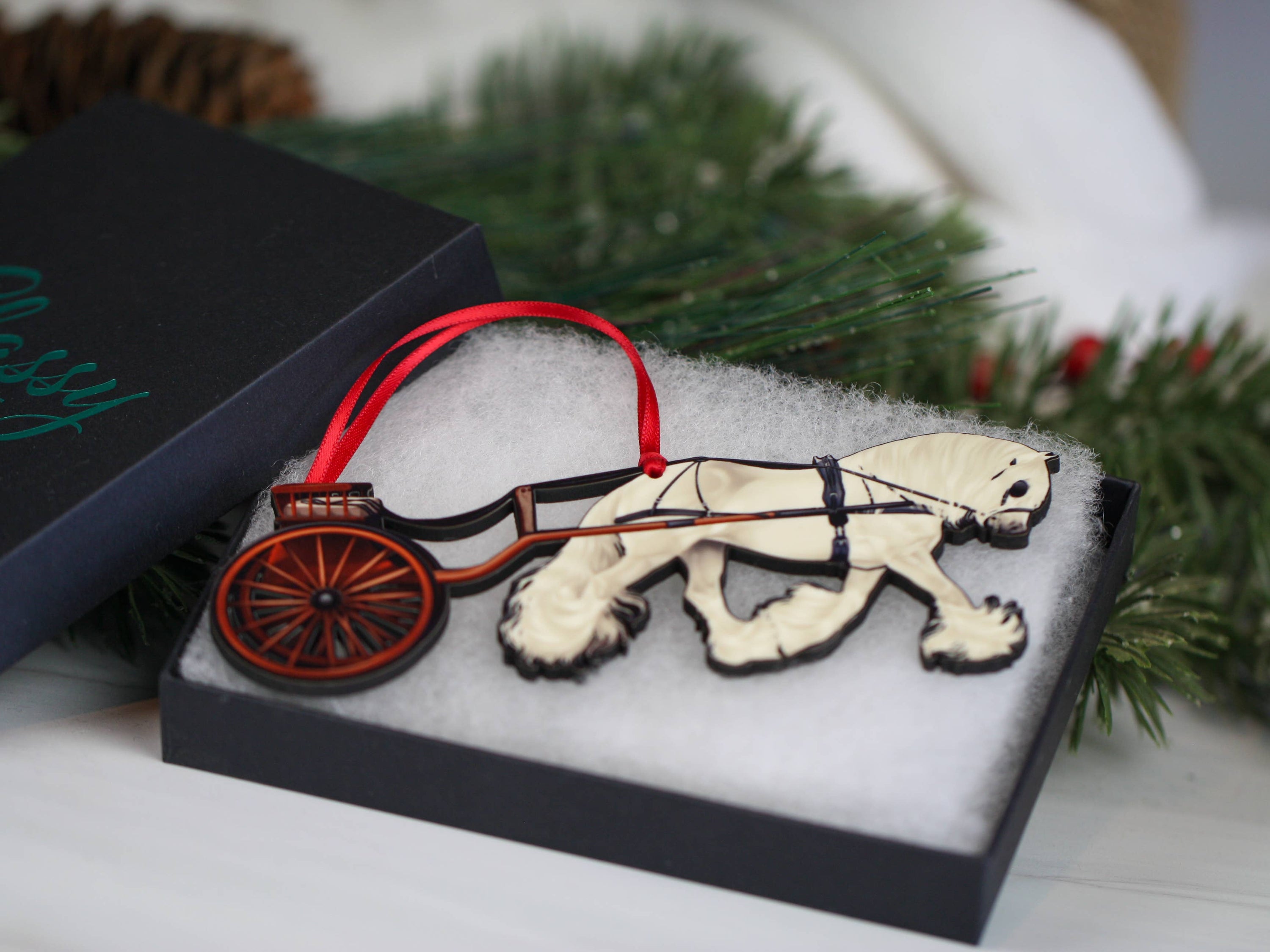Handcrafted White Light Gray Gypsy Cob Carriage Ornament with cart, made from composite wood, featuring intricate laser-cut details.