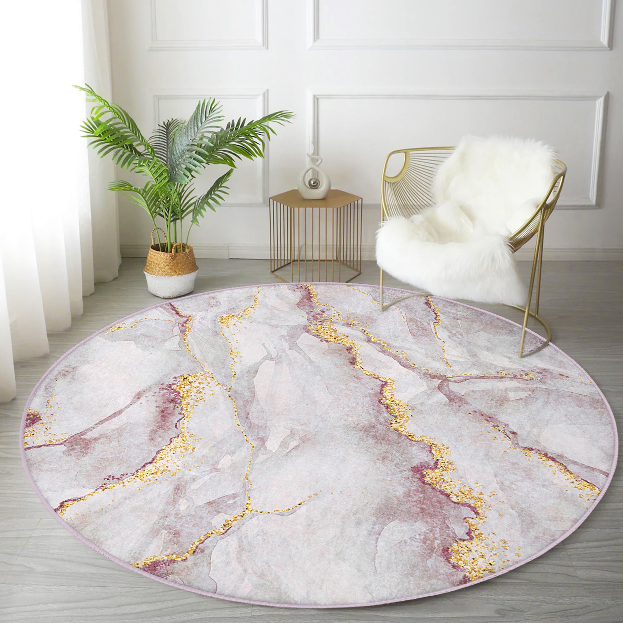 A stylish white marble design round rug, featuring soft velvet fabric and a modern aesthetic, perfect for living room decor.