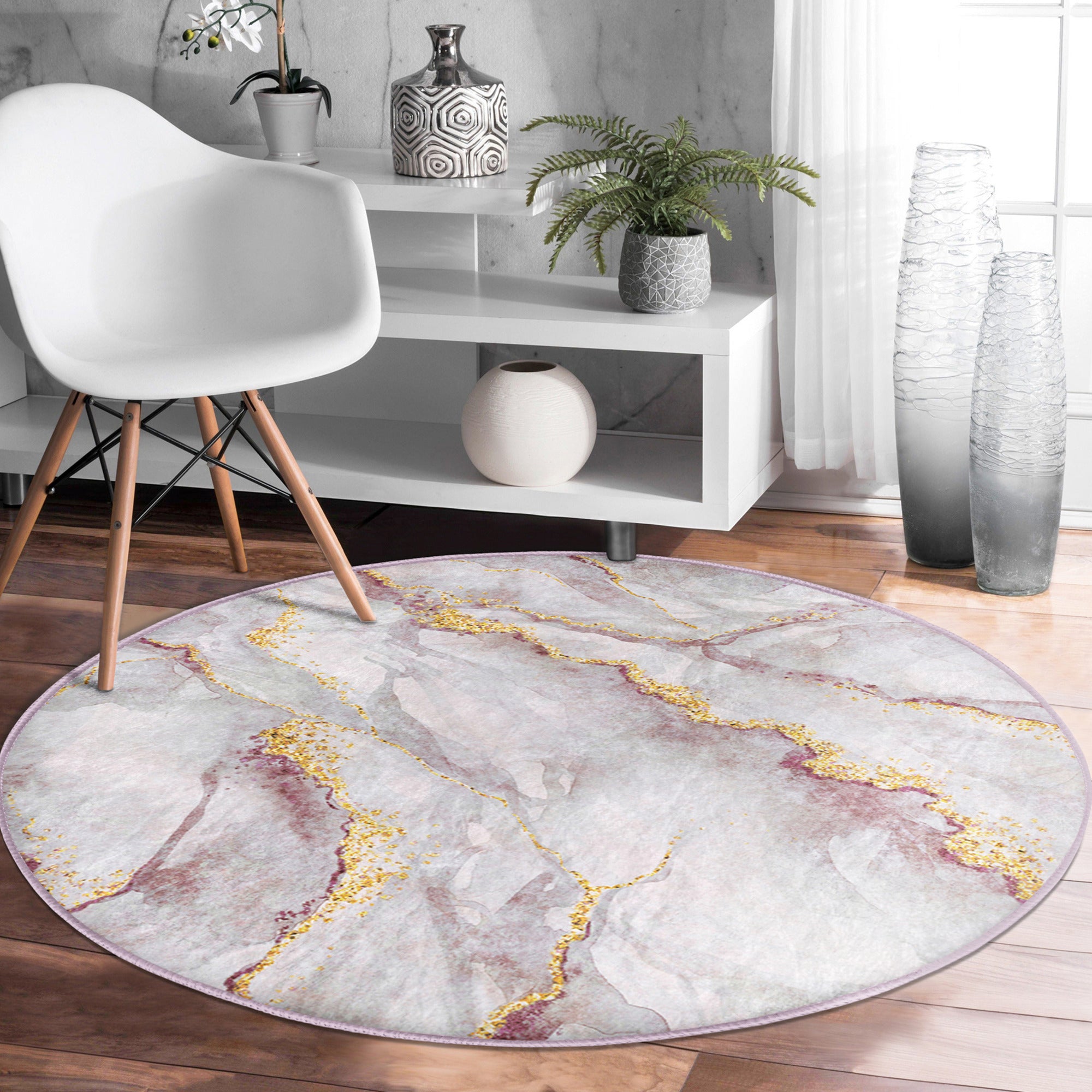 A stylish white marble design round rug, featuring soft velvet fabric and a modern aesthetic, perfect for living room decor.