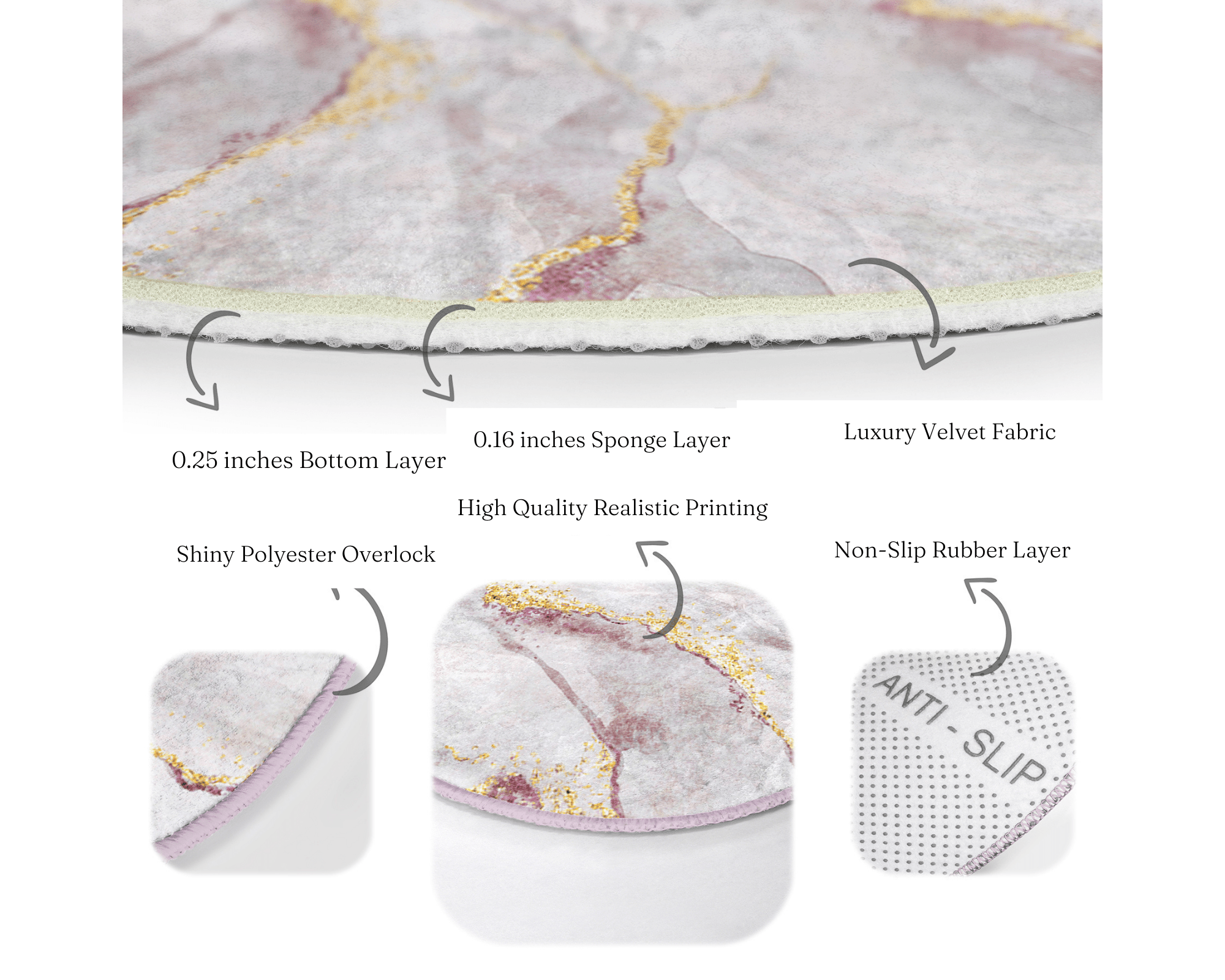 A stylish white marble design round rug, featuring soft velvet fabric and a modern aesthetic, perfect for living room decor.