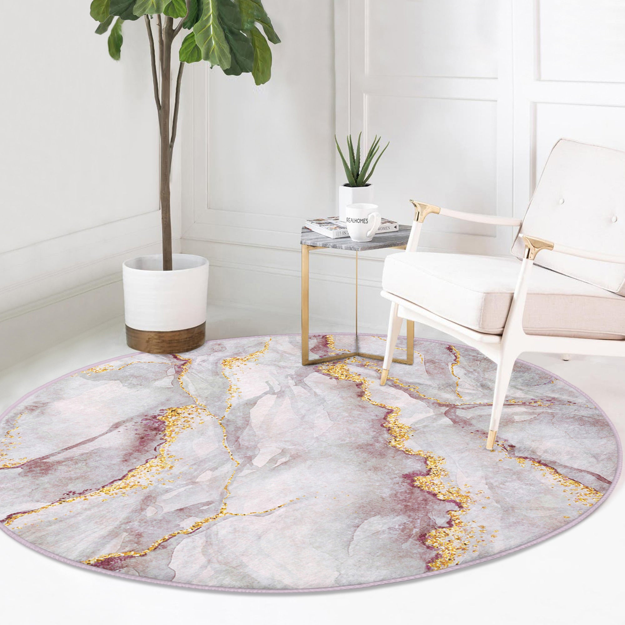 A stylish white marble design round rug, featuring soft velvet fabric and a modern aesthetic, perfect for living room decor.