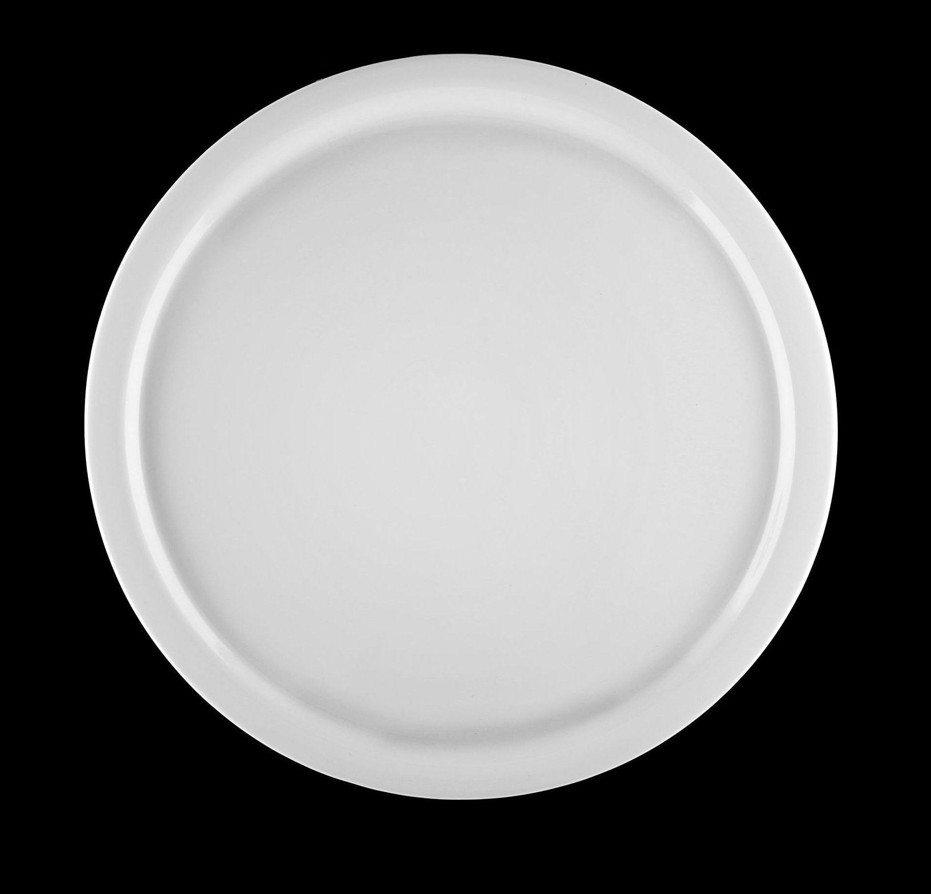 A stylish 14-inch white porcelain pizza plate with a rolled chip-resistant rim, perfect for serving pizzas elegantly.