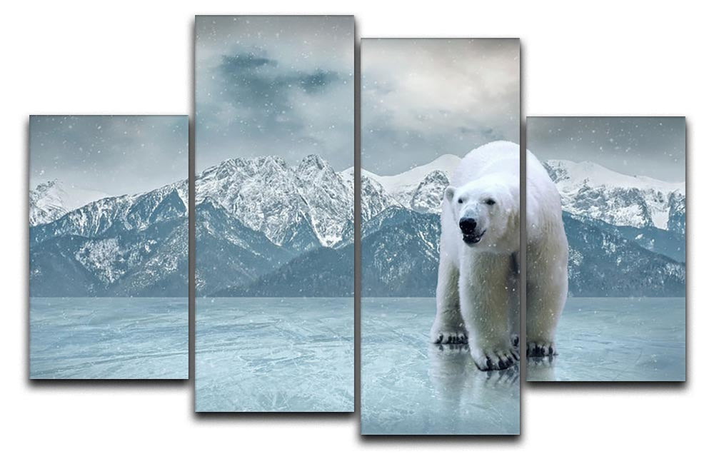 A stunning 4-panel canvas artwork featuring a white polar bear on ice, showcasing a serene and captivating wildlife scene.