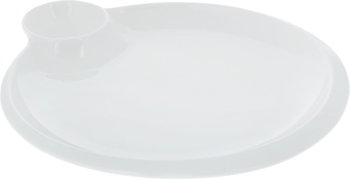 Elegant 10-inch white round platter with a sauce compartment, made of fine porcelain, perfect for serving various dishes.