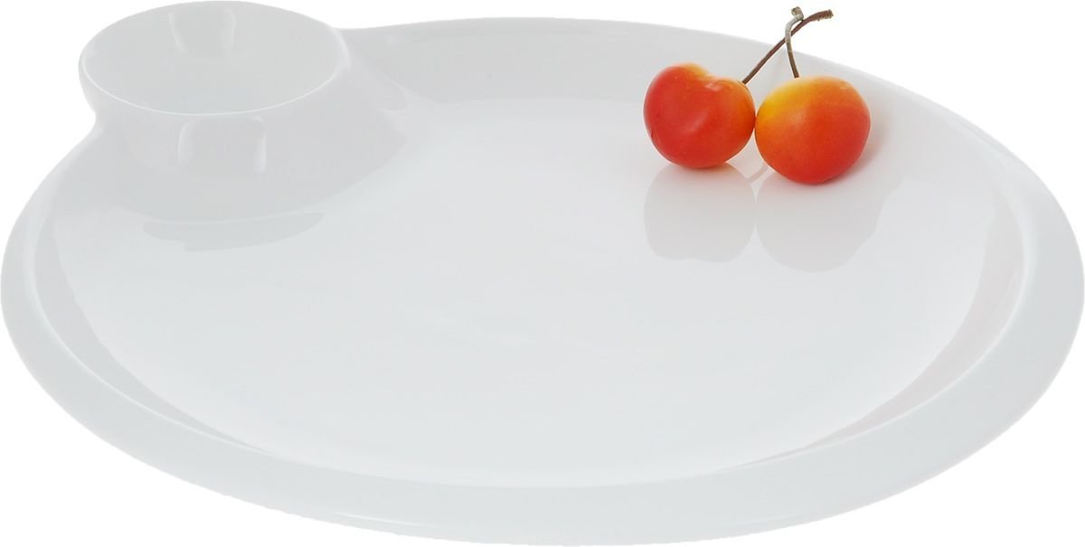Elegant 10-inch white round platter with a sauce compartment, made of fine porcelain, perfect for serving various dishes.