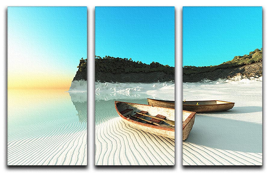 A beautiful 3-panel canvas print featuring white sand boats, enhancing any room's decor with elegance and depth.