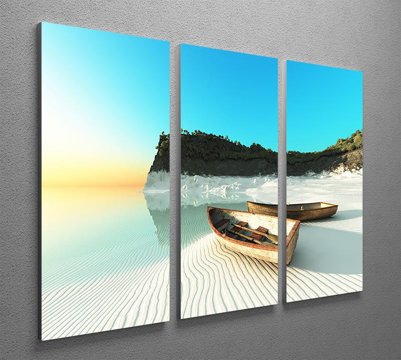 A beautiful 3-panel canvas print featuring white sand boats, enhancing any room's decor with elegance and depth.