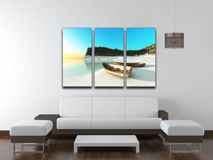 A beautiful 3-panel canvas print featuring white sand boats, enhancing any room's decor with elegance and depth.
