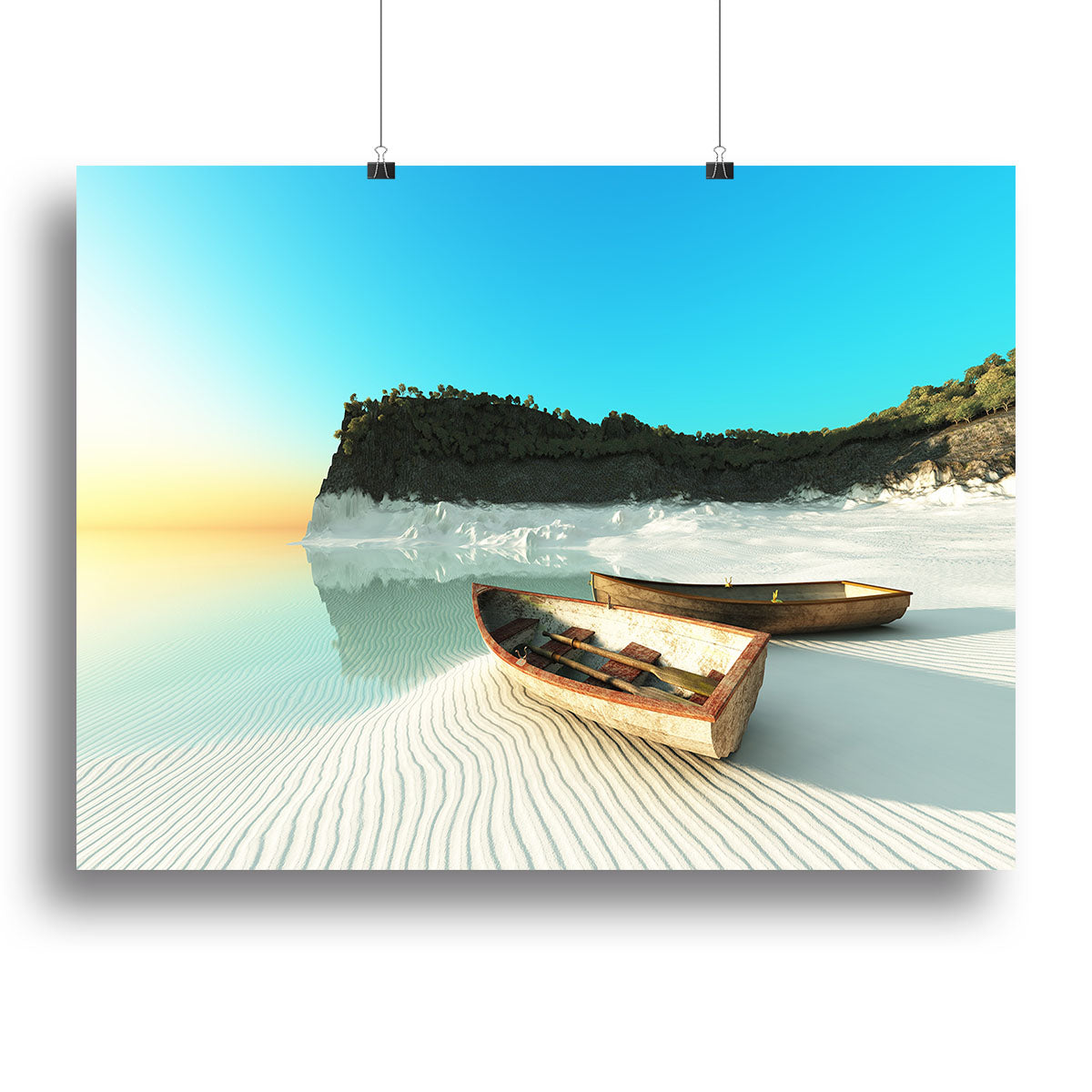 A beautiful canvas print of white sand boats on a serene beach, showcasing vibrant colors and intricate details.