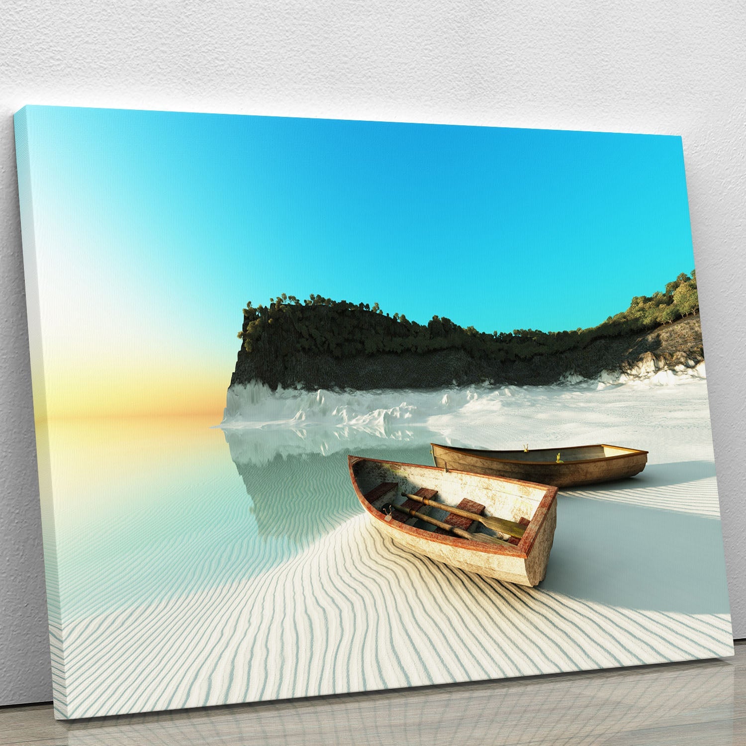 A beautiful canvas print of white sand boats on a serene beach, showcasing vibrant colors and intricate details.
