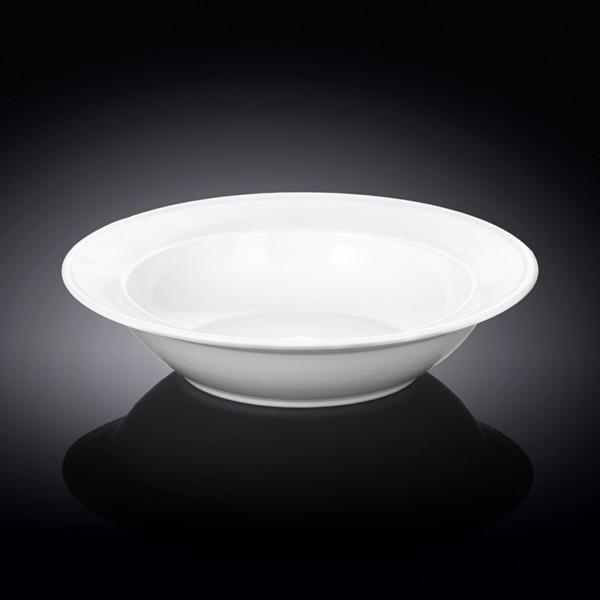 A pristine white porcelain soup plate, 9 inches in diameter, showcasing its elegant design and rolled rim, perfect for serving soups and stews.