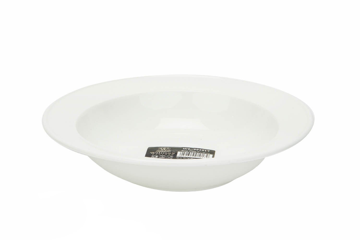 A pristine white porcelain soup plate, 9 inches in diameter, showcasing its elegant design and rolled rim, perfect for serving soups and stews.