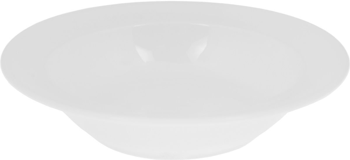 A pristine white porcelain soup plate, 9 inches in diameter, showcasing its elegant design and rolled rim, perfect for serving soups and stews.