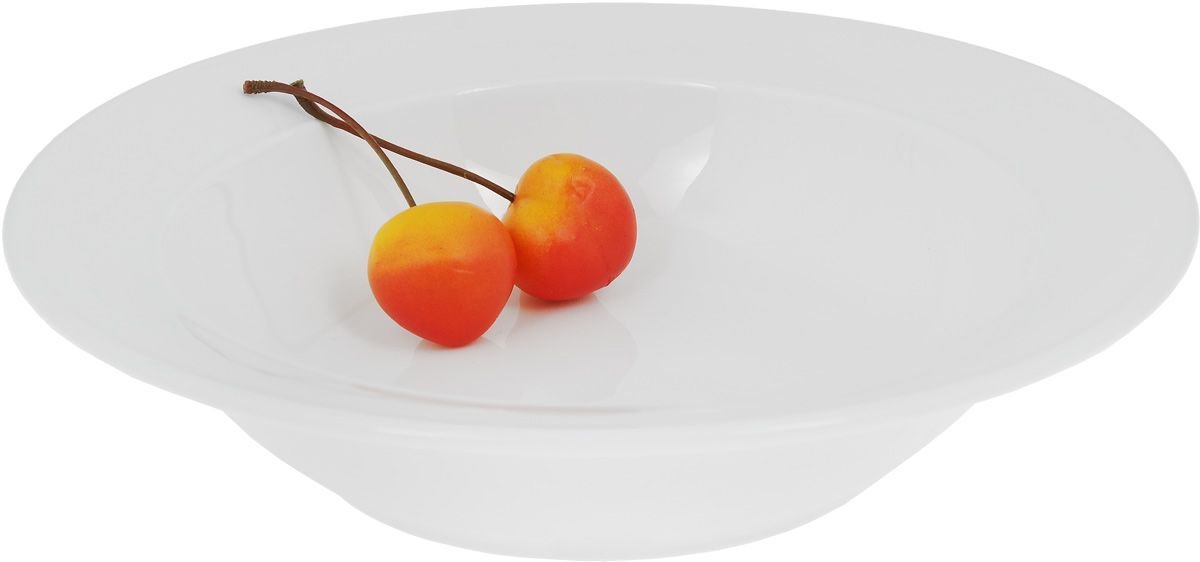 A pristine white porcelain soup plate, 9 inches in diameter, showcasing its elegant design and rolled rim, perfect for serving soups and stews.