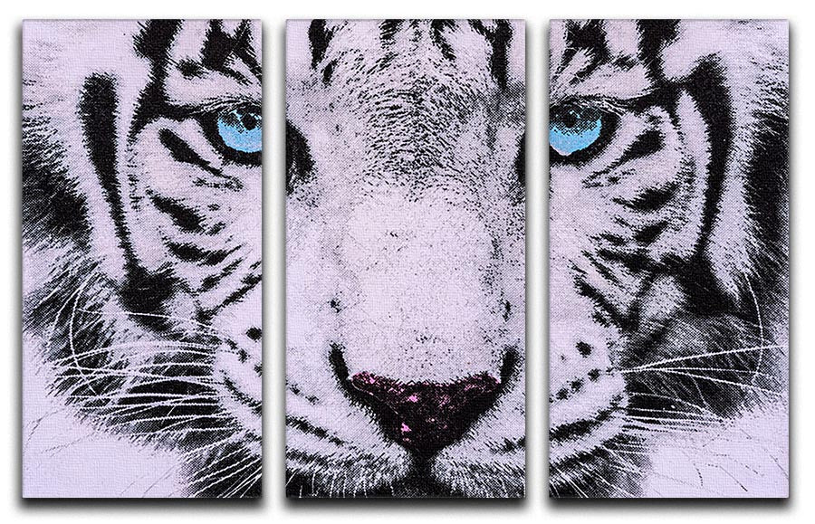 A stunning 3-panel canvas print featuring a majestic white tiger face, showcasing intricate details and vibrant colors.