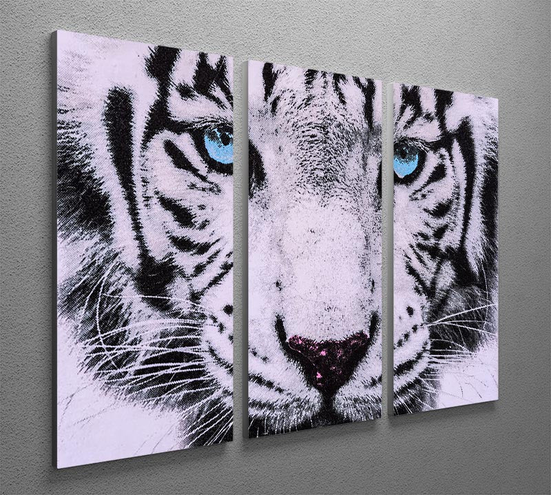 A stunning 3-panel canvas print featuring a majestic white tiger face, showcasing intricate details and vibrant colors.