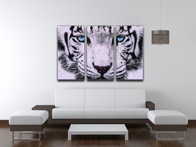 A stunning 3-panel canvas print featuring a majestic white tiger face, showcasing intricate details and vibrant colors.