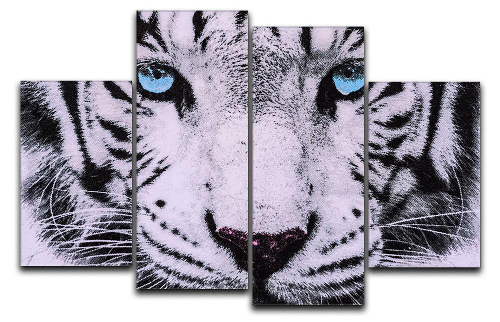A stunning 4-panel canvas artwork featuring a close-up of a white tiger's face, showcasing its striking features and vibrant colors.