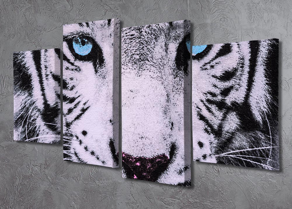 A stunning 4-panel canvas artwork featuring a close-up of a white tiger's face, showcasing its striking features and vibrant colors.