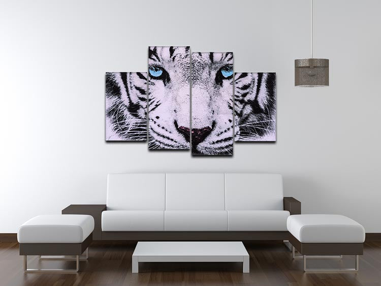 A stunning 4-panel canvas artwork featuring a close-up of a white tiger's face, showcasing its striking features and vibrant colors.
