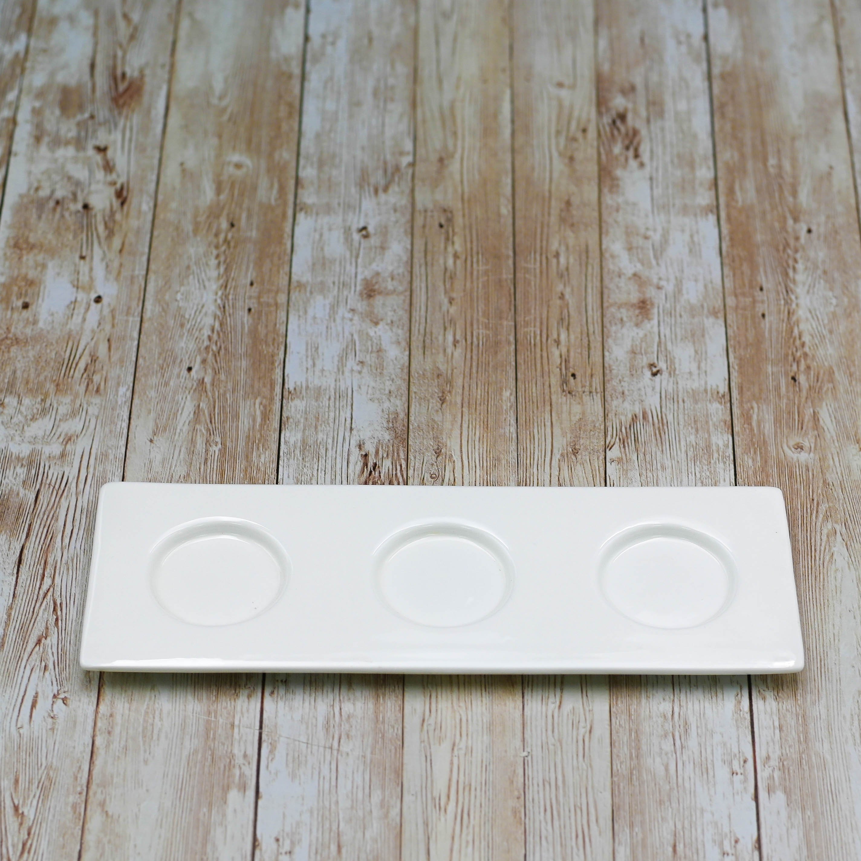Elegant white porcelain tray with three compartments for dishes and cup holders, perfect for restaurants and home use.
