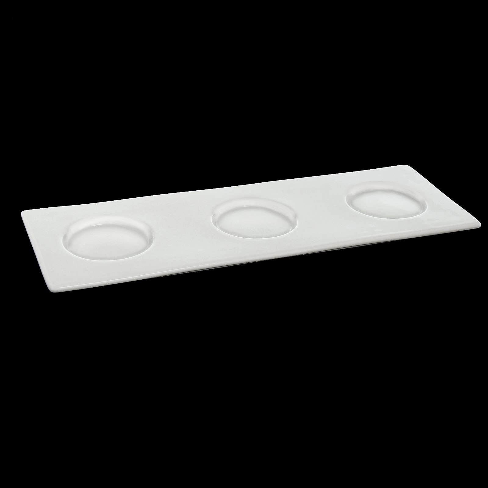 Elegant white porcelain tray with three compartments for dishes and cup holders, perfect for restaurants and home use.