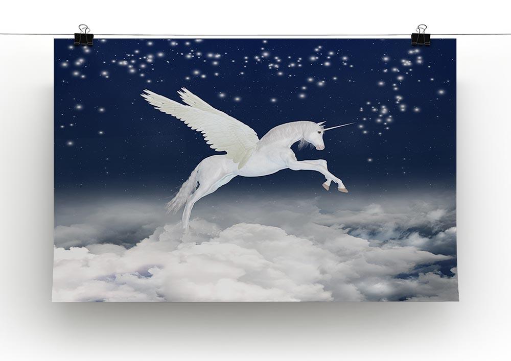 A beautiful canvas print featuring a white unicorn flying in a bright blue sky with fluffy clouds, adding a whimsical touch to any decor.