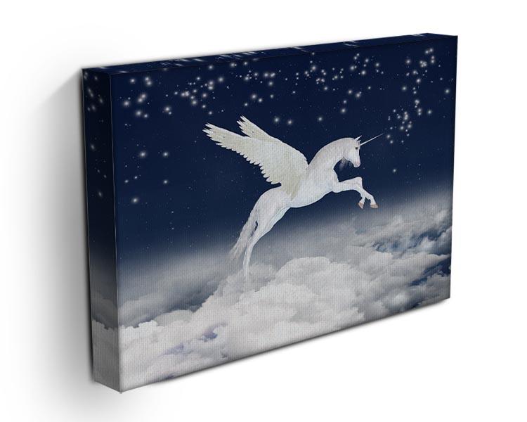 A beautiful canvas print featuring a white unicorn flying in a bright blue sky with fluffy clouds, adding a whimsical touch to any decor.