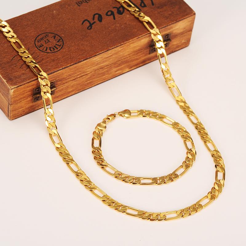 Wholesale Classic Figaro Cuban Link Chain Necklace and Bracelet Set in 14K Gold Filled, showcasing a luxurious and durable design.