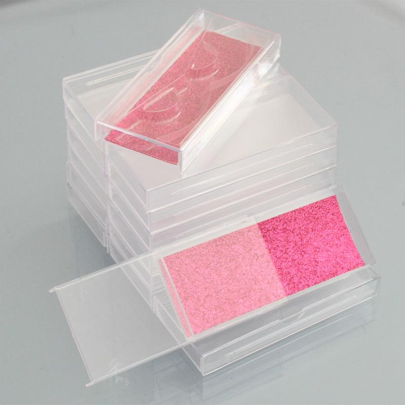 Wholesale Cosmetic Makeup Plastic Eyelash Packing Box, transparent design showcasing false eyelashes, customizable with glitter paper.
