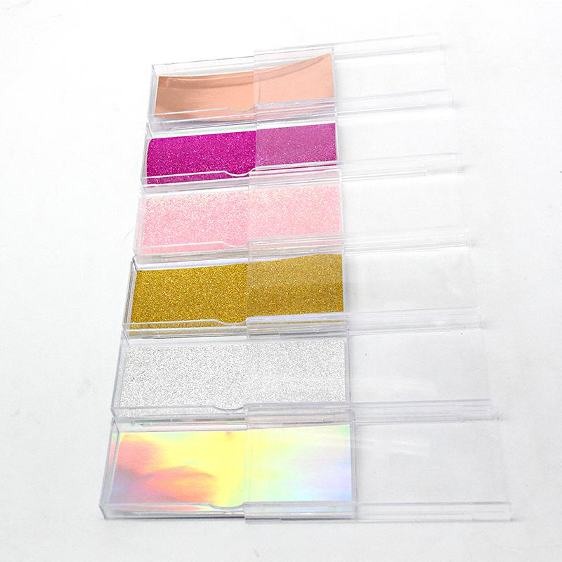 Wholesale Cosmetic Makeup Plastic Eyelash Packing Box, transparent design showcasing false eyelashes, customizable with glitter paper.