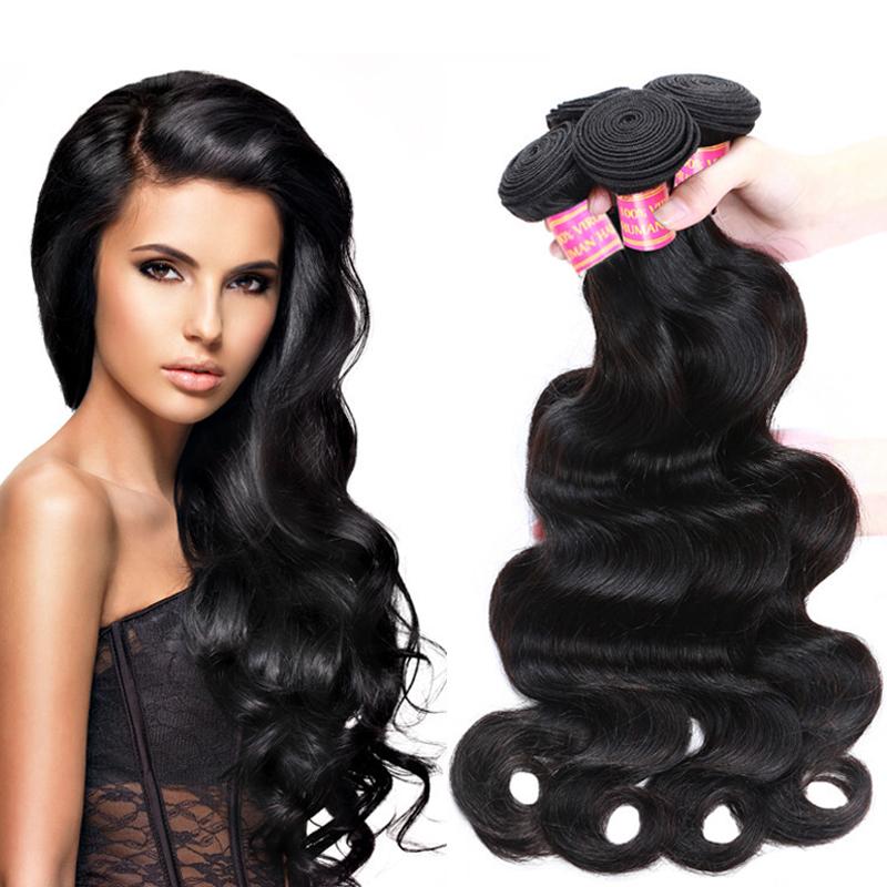 Four bundles of 8A Brazilian Virgin Hair in body wave style, showcasing a rich texture and quality.