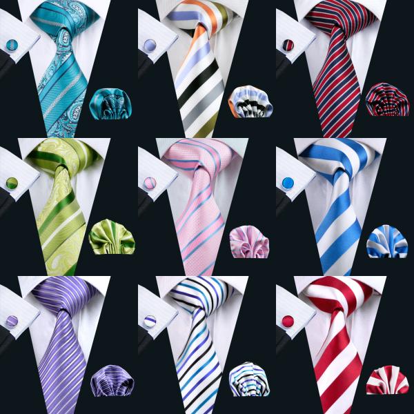 Wholesale Stripe Style Classic Tie Set featuring silk necktie, matching hanky, and cufflinks in various colors.