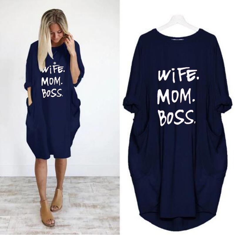 Wife Mom Boss Letter Print Summer Dress in casual style, featuring a crew neck and mid-calf length, made from lightweight chiffon fabric.