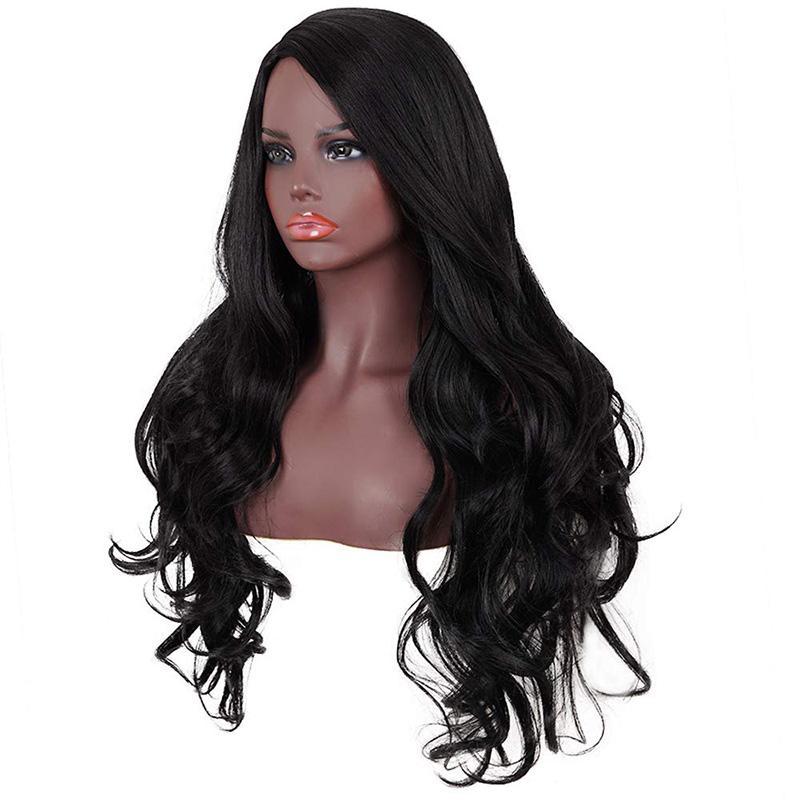 28-inch long human hair wig with natural-looking waves in black color, showcasing elegant and fashionable style.