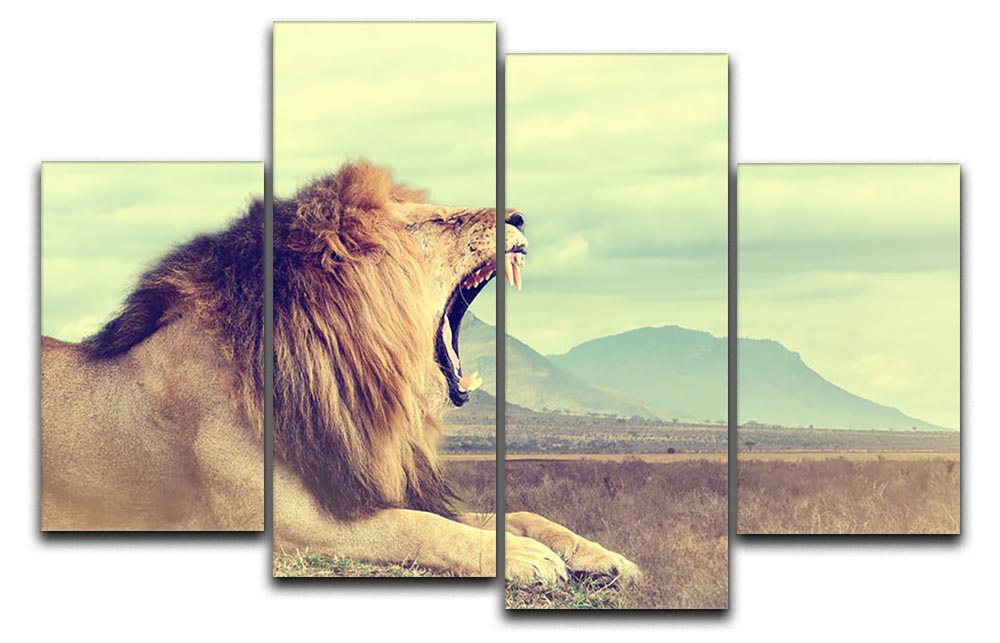 A stunning 4-split canvas artwork featuring a wild African lion, showcasing its majestic beauty across four panels.