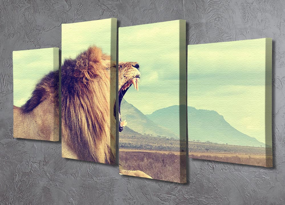 A stunning 4-split canvas artwork featuring a wild African lion, showcasing its majestic beauty across four panels.